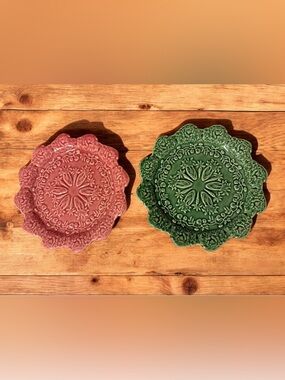Vintage Bordallo Pinheiro Portugal embossed Majolica style plates pink green set